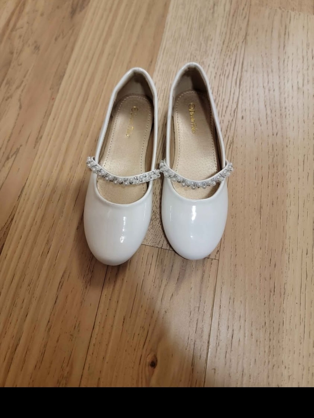 Girls White Patent Mary Jane Flats with Jeweled Strap